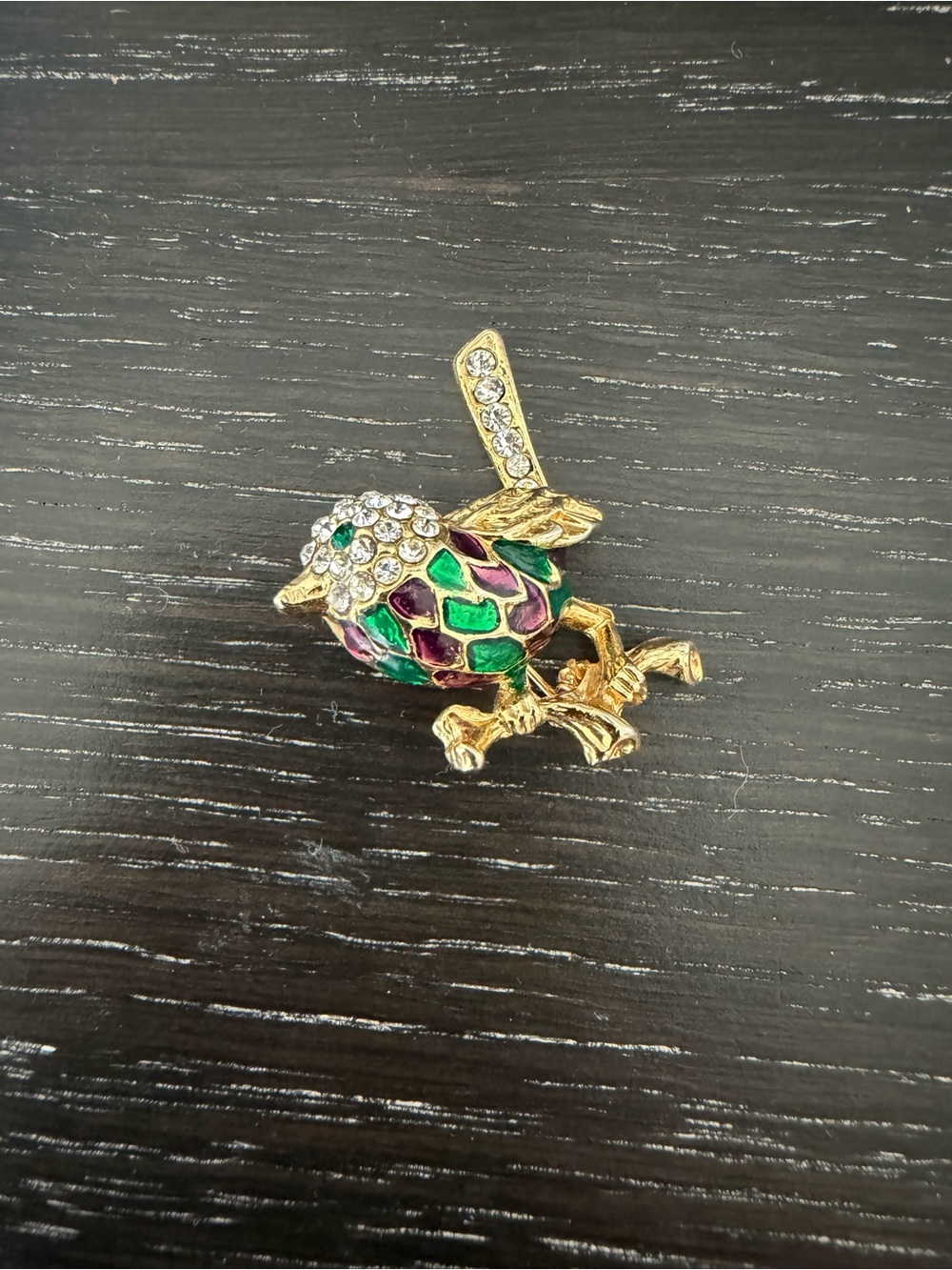 Gold-tone Green & Purple Enamel Bird Brooch with Crystal Accents